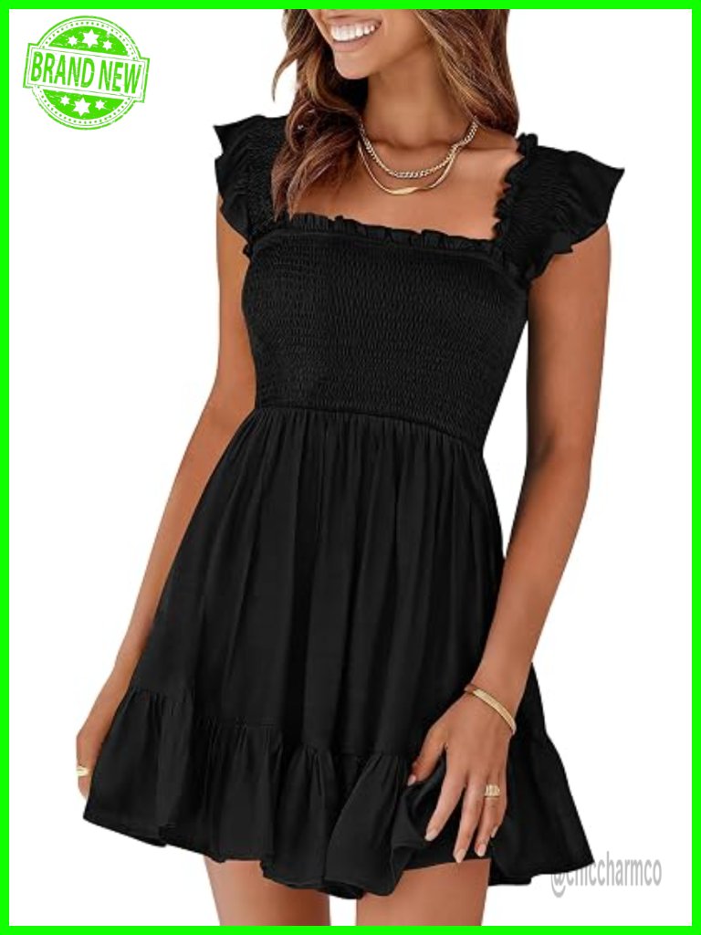 Square Neck Smocked Short Sundress Flowy Boho For Summer Beach
